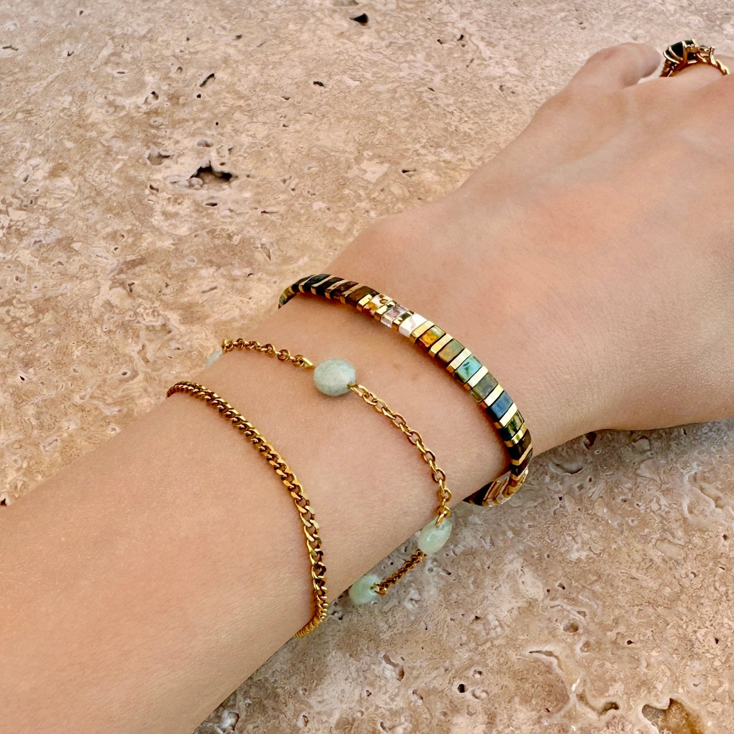 Blue Turquoise and Gold Miyuki Tila Bracelet