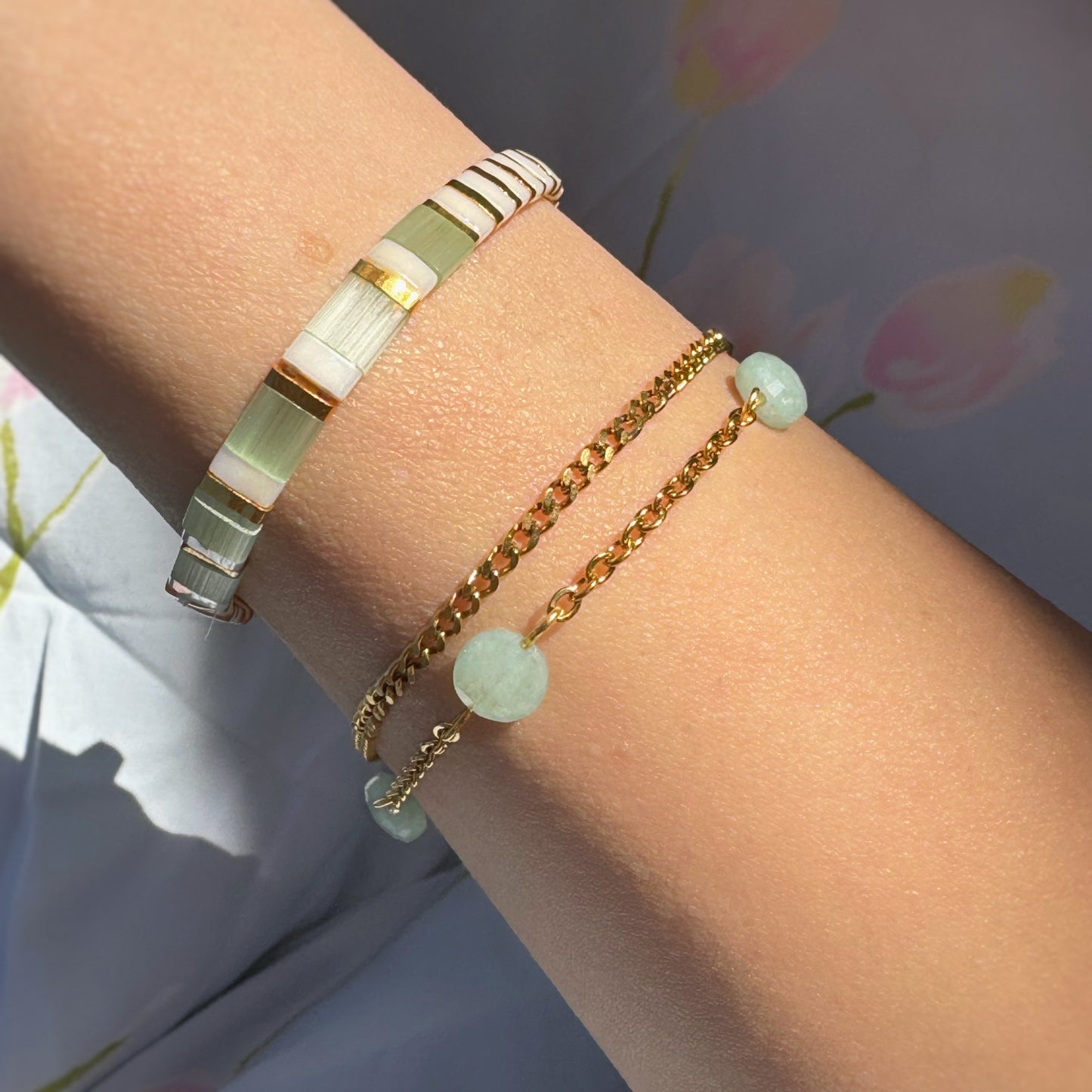 Gold and Pearlescent Sage Green Miyuki Tila Bracelet