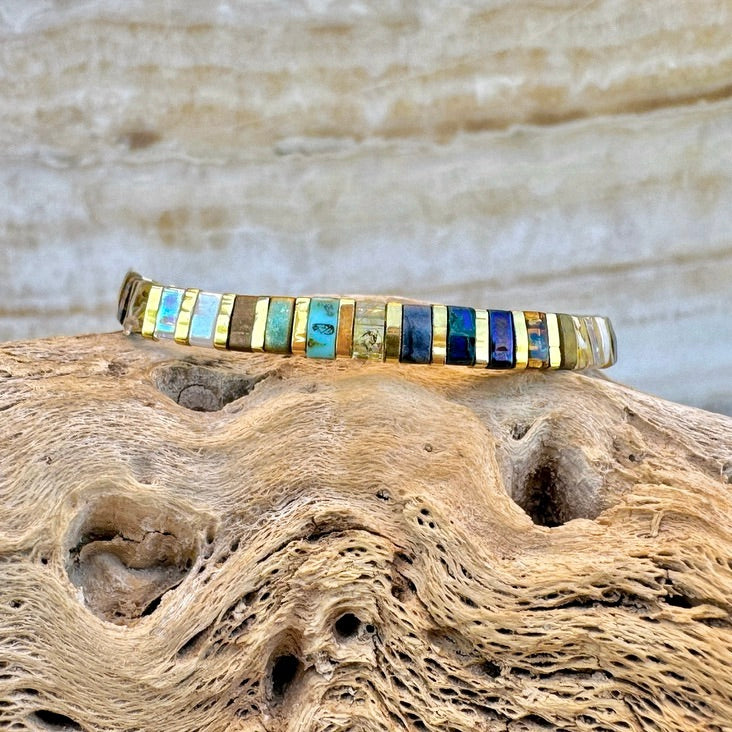 Blue Turquoise and Gold Miyuki Tila Bracelet